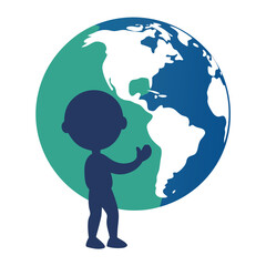 Child holding planet earth in silhouette symbolizing global care environmental protection and future generations