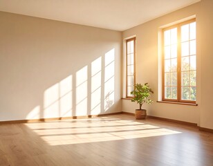 Obraz premium Sunny, empty room with wooden floor and large windows