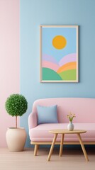 pastel paper frame cozy　Blank Picture Modern Interior,Cozy Pastel Paper Frame Wall Art for Modern Minimalist Interior Decor, Minimal Pastel Picture Frame Mockup with Soft Aesthetic Cozy Room Style,