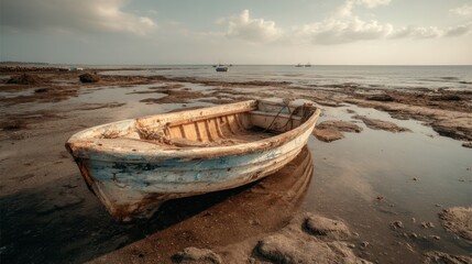 Naklejka premium Old fishing boat on shoreline at low tide