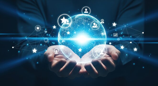 Hands holding a digital globe with network connections and social media icons