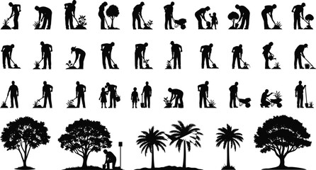 Gardening and Tree Planting Silhouettes: People Working, Watering, and Cultivating Nature with Diverse Trees, Environmental Care, Growth, and Sustainable Agriculture