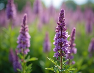 Obraz premium Macro shot of blooming Purpletop vervain in a field. Delicate purple flower spikes with green leaves and soft blurred background. Gentle sunlight illuminates the natural beauty of summer flora.