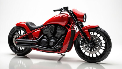 Fototapeta premium Custom red motorcycle featuring exposed V-twin engine, chrome accents. Bold design with black wheels, tires. Powerful, stylish bike evoking speed, freedom, perfect for representing modern vintage