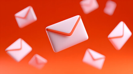 White envelopes falling over red orange background 3D image