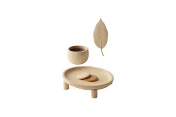 A wooden tea tray with cookies and coffee on it, simple background, white space in the middle of the picture, product photography, front view isolated on a transparent background in PNG format.