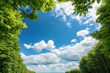 Obraz premium Green trees framing blue sky with clouds on a sunny day in the countryside
