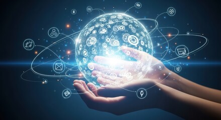 Hands holding a digital globe with network technology and communication icons