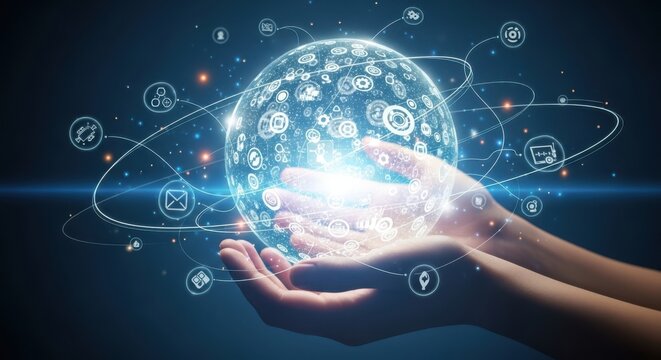 Hands holding a digital globe with network technology and communication icons - Powered by Adobe