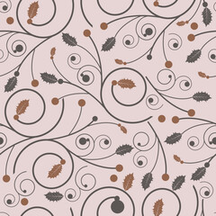 Floral seamless pattern of polka dots, swirls and leaves. Foliage surface design on dirty pink background