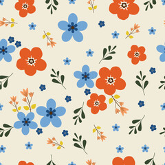 Orange Scandinavian flowers vector seamless pattern. Floral surface design of pink scandi flowers and leaves on white background