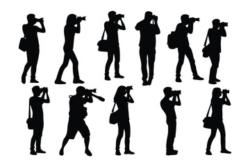 Photographers in Action: A collection of silhouettes showing various figures dedicatedly capturing moments through their cameras, showcasing the art and craft of photography.