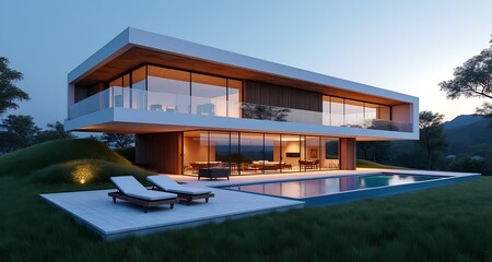 Fototapeta premium Modern Luxury Home Exterior with Pool and Deck Chairs at Dusk, Surrounded by Lush Greenery and Scenic Mountain Views