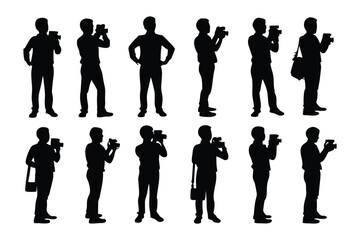 Silhouette Photographer with Camera: Dynamic collection of silhouette photographers engaged in their craft. Silhouettes capture various poses, from taking pictures to carrying camera.