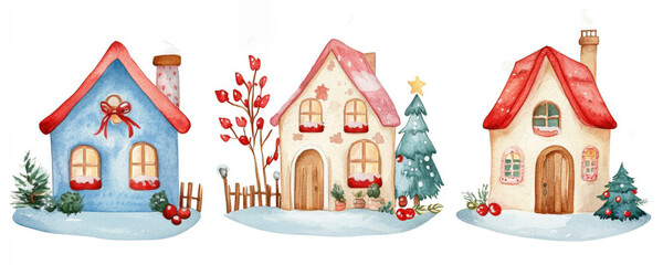 Obraz premium Colorful holiday houses with festive decorations in a winter setting
