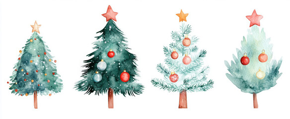 Beautiful watercolor Christmas trees decorated in festive colors and styles for the holiday season