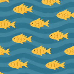 Naklejka premium Seamless pattern of cute stylized yellow fish with simple faces swimming in a school.