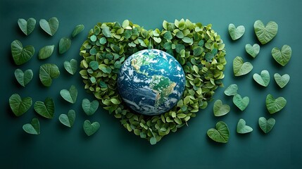 A heart shaped arrangement of leaves surrounding a model of planet Earth
