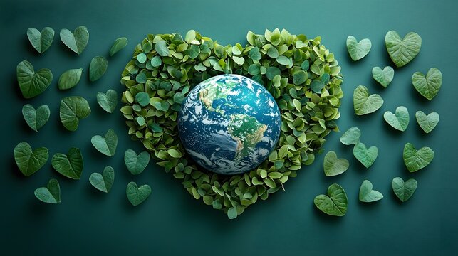 A heart shaped arrangement of leaves surrounding a model of planet Earth