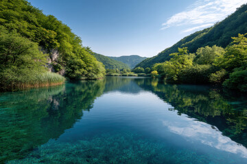 Obraz premium in summer tranquil landscapes across different countries reveal stunning lakes with crystal clear waters