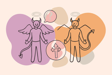 Fototapeta premium Angel and Devil Figures with Question Mark and Crossroads Symbol
