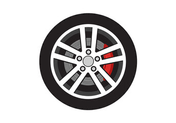 Obraz premium Illustration of a car wheel with white spokes and red brake caliper on a white background