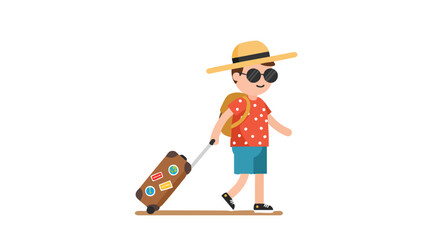 Happy Traveler Boy Pulling Luggage, Summer Vacation, Flat Style Illustration