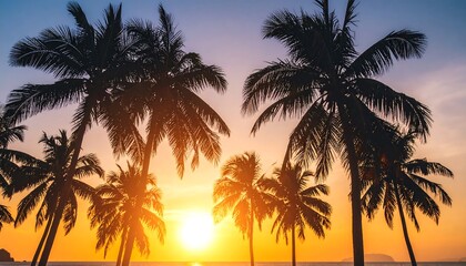 Obraz premium Silhouette palm trees sunset beach