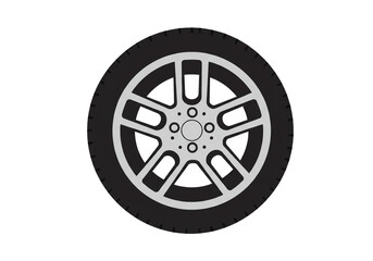 Obraz premium A black tire with a silver rim and a white background showing the tire design clearly
