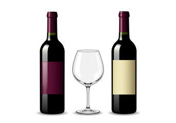 Two wine bottles with different labels and a wine glass centered on a white background