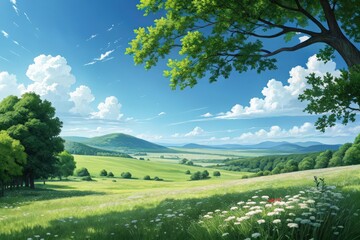 Obraz premium Lush green field with trees and flowers under a blue sky with clouds