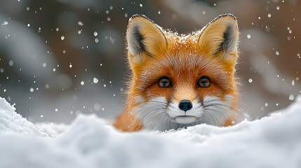 Curious fox peeking from snowy burrow