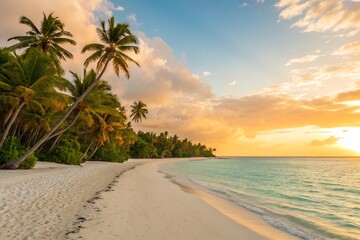 Fototapeta premium Serene tropical beach at sunset with palm trees and calm turquoise ocean waters
