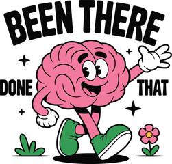 Funny brain cartoon illustration, retro walking brain art, quirky mental health graphic, motivational brain design, brain character drawing
