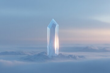 Majestic crystal tower rising above soft clouds, reflecting ethe
