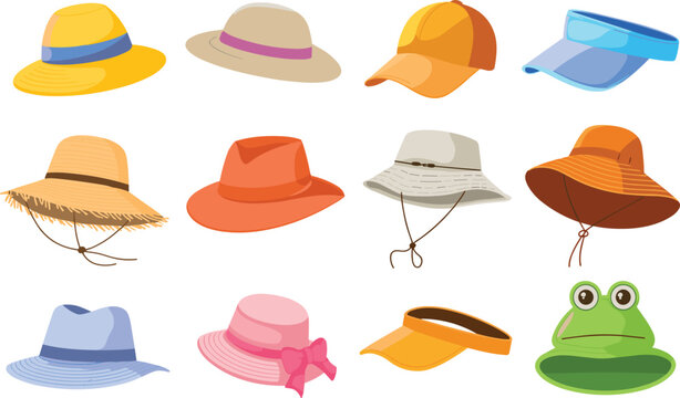 Set of colorful summer hats, fashion accessories collection, beach hats illustration, sun protection headwear, stylish holiday caps and visors - Powered by Adobe