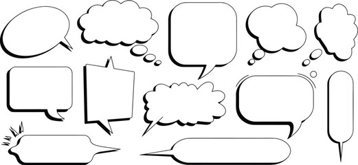 Stylized white comic speech bubbles set, various shapes and sizes on blue background, blank cartoon text balloons for dialogue.