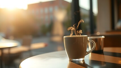 A steaming cup of coffee on a cafe table, warmed by morning sunlight.