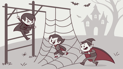 Cute cartoon vampires playing on a giant spider web in front of a spooky haunted castle on halloween night with bats flying