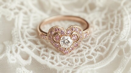 Obraz premium Heart shaped rose gold ring with tiny pink sapphires surrounding a larger diamond center displayed on a delicate lace background creating a romantic and elegant impression