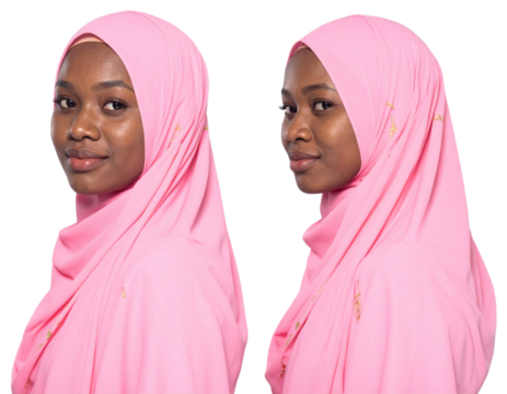 Confident Muslim Woman Wearing Pink Hijab, Three-Quarter View with Subtle Smile, Isolated Transparent Background PNG