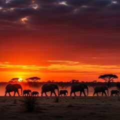 Fototapeta premium A photorealistic family of African elephants walking across the dusty savanna at sunrise, warm backlight, long shadows