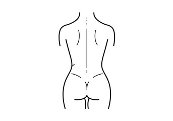 A minimalist line drawing of a woman's back and torso with simple details on a white background