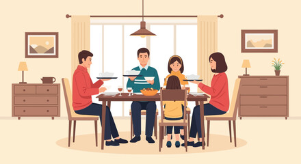 Family Gathering Around Dinner Table Sharing a Meal, Illustration, Togetherness and Warm Atmosphere Depicted
