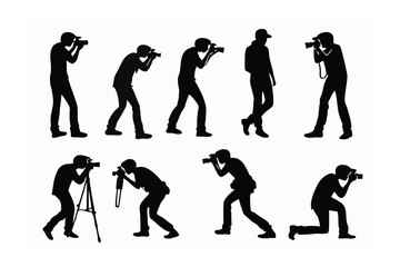 Photographers at Work: Silhouettes of professional photographers in various stances, each engrossed in the art of capturing moments, presenting a visual study of the creative process and precision.