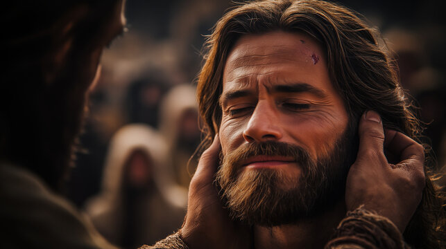 Jesus gently heals a deaf and mute man by touching his ears and tongue; the man&rsquo;s face relaxes as sound reaches him amid a dusty town...