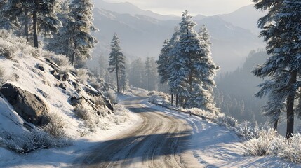 Snowy mountain road winter landscape scene with pine trees and snow covered ground scenic drive adventure travel