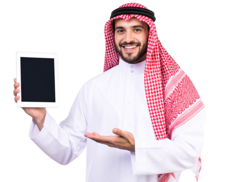  Confident Arab Businessman in White Thobe Holding Tablet, Front View Pose, Isolated Transparent Background PNG