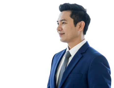 Confident Executive Manager in Suit Looking Aside with Subtle Smile, Three-Quarter View, Isolated Transparent Background PNG