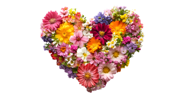 Floral Heart Shape Against Transparent Backdrop Symbolizing Growth and Beauty with Colorful Blossoms and Petals